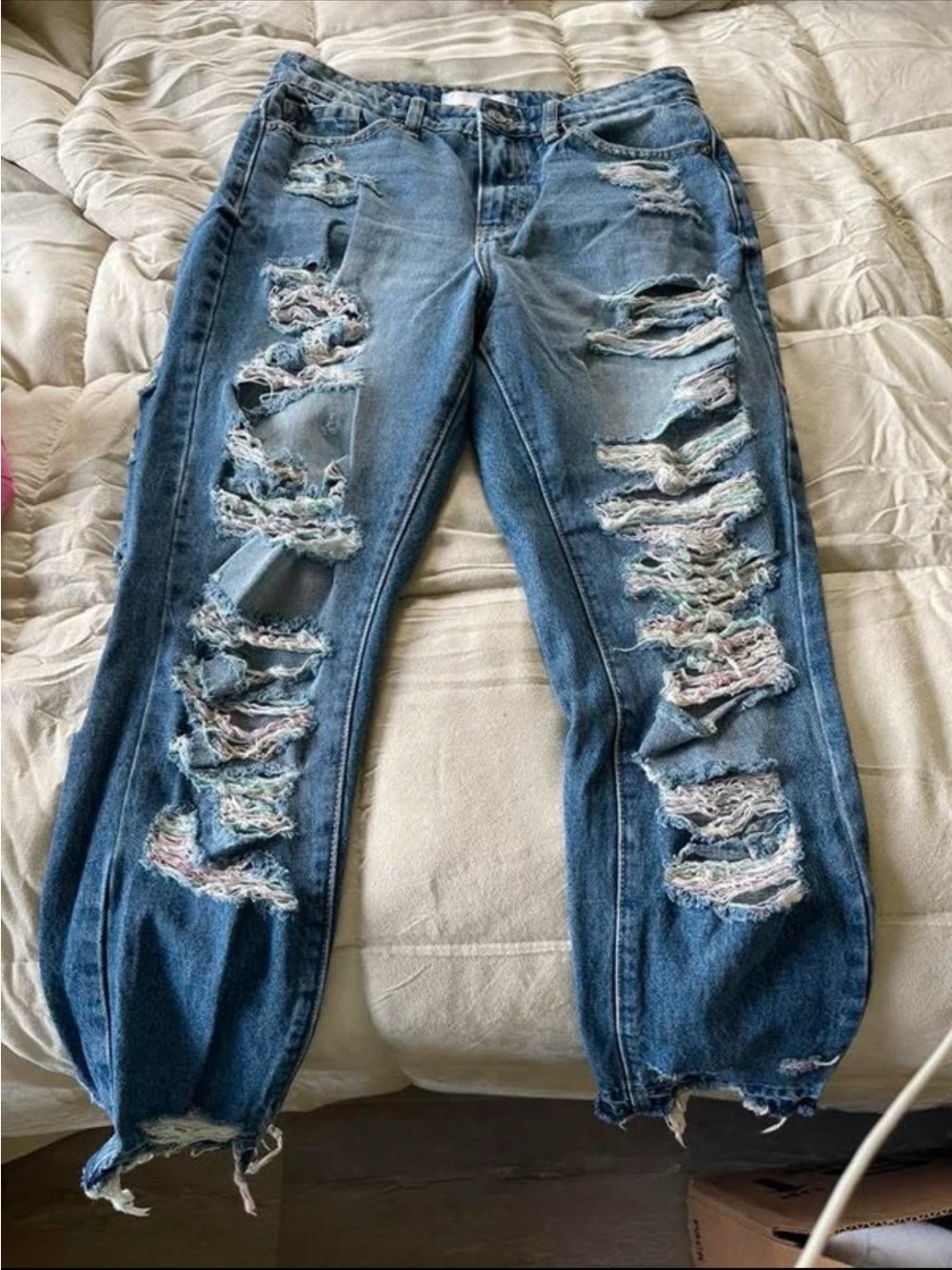 KanCan Blue Distressed Boyfriend Jeans with Multicolor Threading